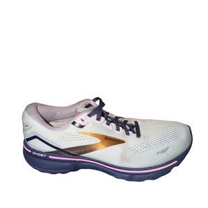 Brooks Women's Ghost Running Shoe - White with Navy & Pink size 9.5